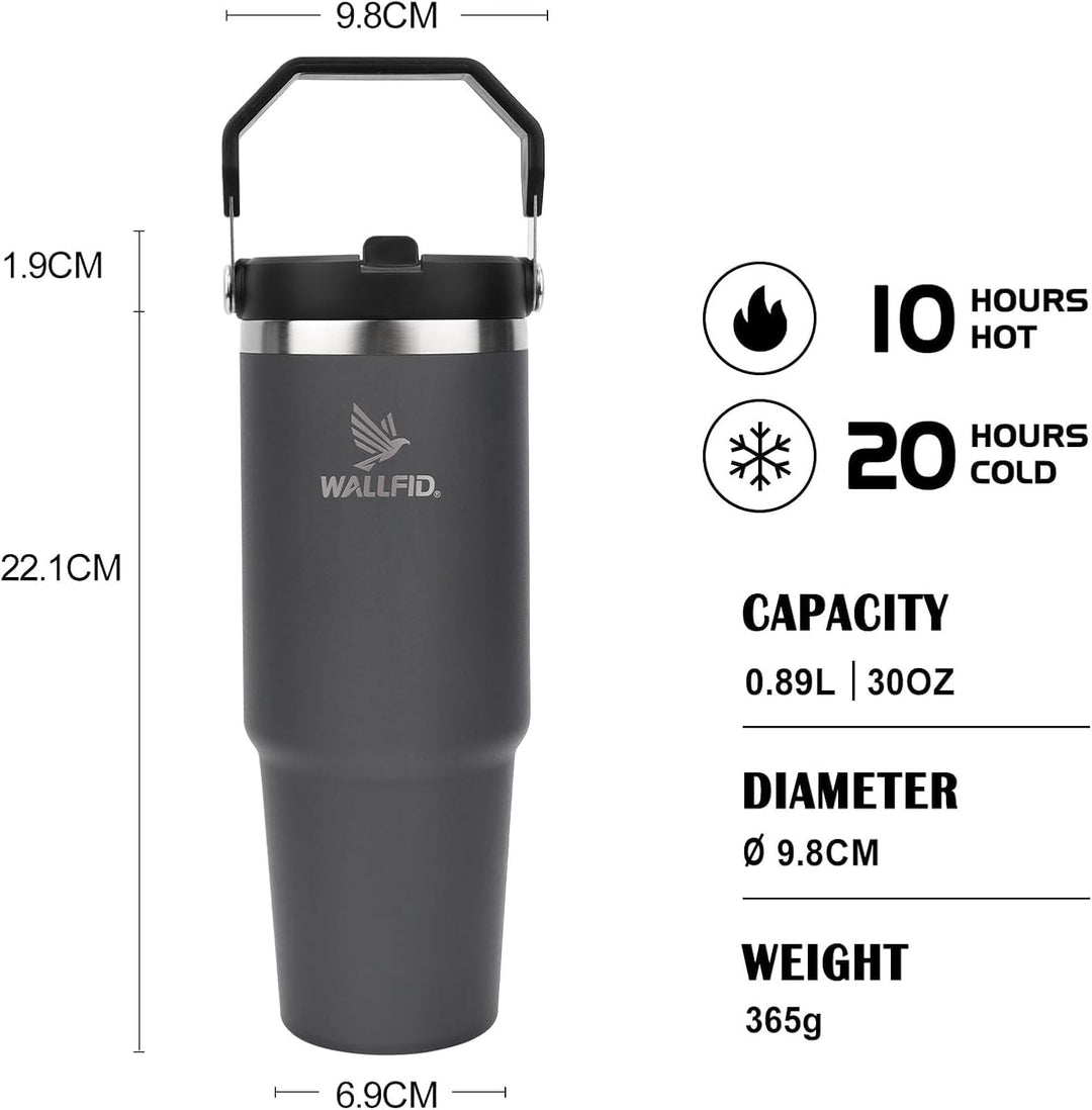 WALLFID 30 oz Thermobecher 2er Set, Edelstahl Trinkbecher mit Strohhalm, Flip Deckel und Bürste, Dop