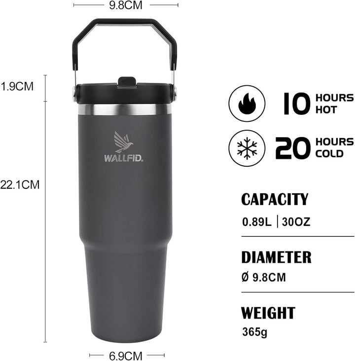WALLFID 30 oz Thermobecher 2er Set, Edelstahl Trinkbecher mit Strohhalm, Flip Deckel und Bürste, Dop