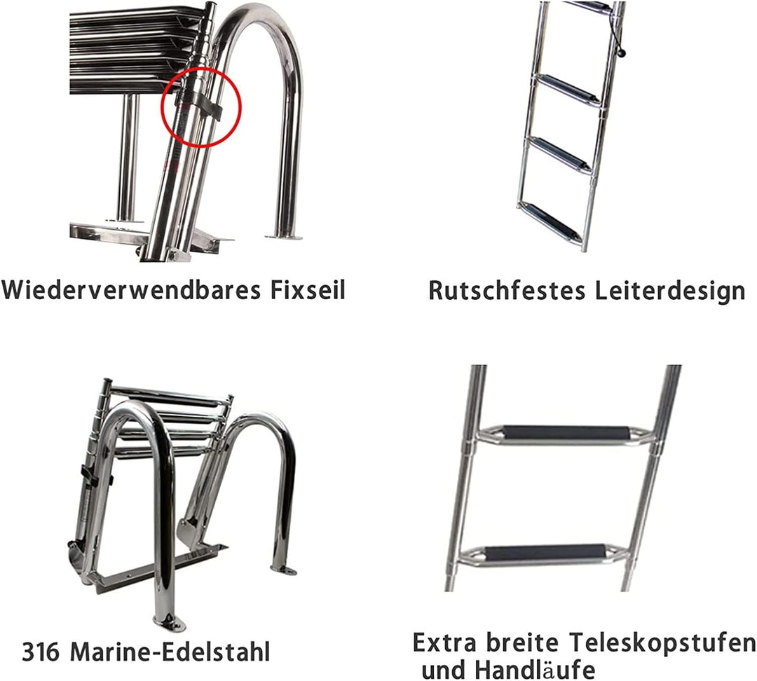 MiiR Badeleiter Boot Poolleiter Edelstahl 4-stufige Poolleiter Mit Rutschfesten Stufen Für Yachtdeck