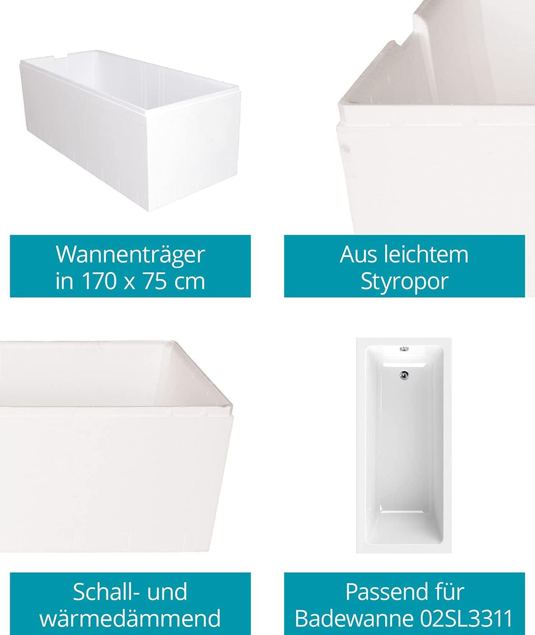 Calmwaters® Wannenträger 170 x 75 cm Modern Square, Passend für Rechteck-Badewanne 170x75 cm, Styrop