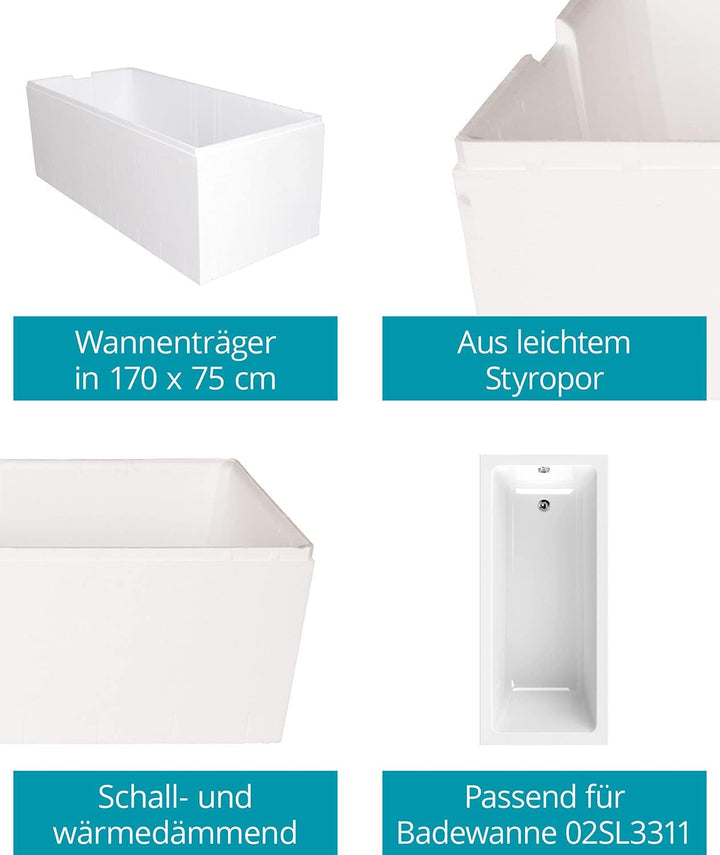 Calmwaters® Wannenträger 170 x 75 cm Modern Square, Passend für Rechteck-Badewanne 170x75 cm, Styrop