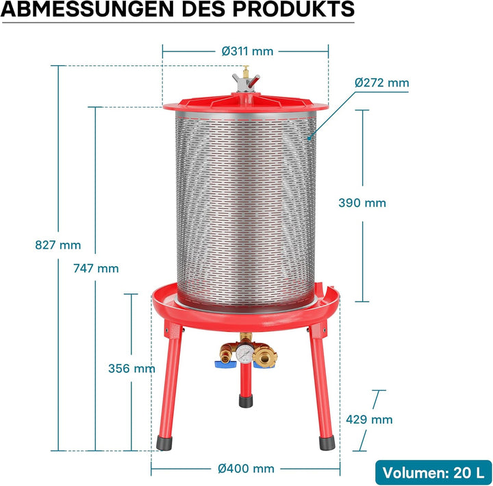 Wiltec Edelstahl Hydropresse mit 20 Liter Korbinhalt, Wasserdruckpresse mit 3 bar zum Pressen von Ob
