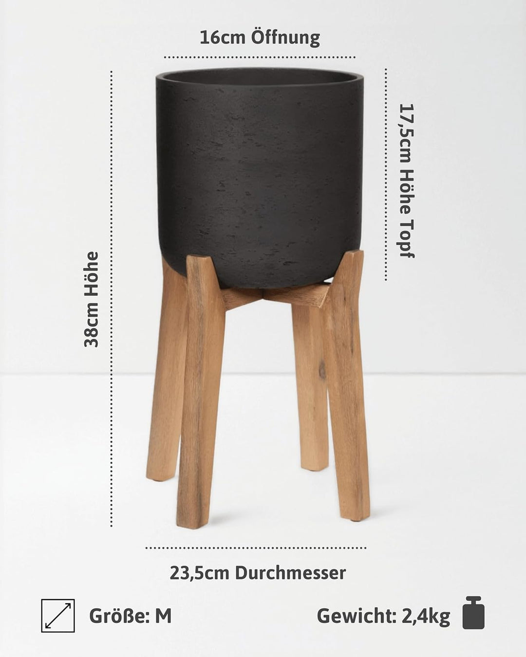 Finestgreen Charlie Feet High | Handgefertigtes Pflanzgefäss auf Holzfüssen (M Ø:23,5 H:38 cm, Schwa