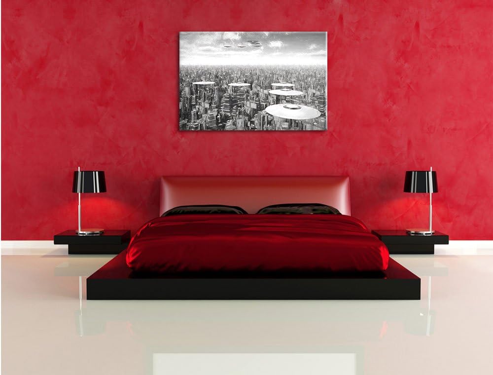 Pixxprint UFO´s über der Stadt Kunst als Leinwandbild/Grösse: 100x70 / Wandbild/Kunstdruck/fertig be