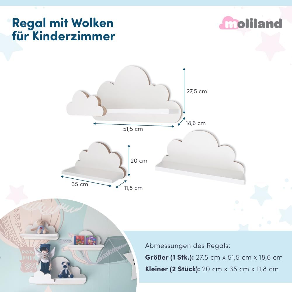 MOLILAND Wolkenregal Babyzimmer | Set mit 3 Stück | Wandregal für Kinderzimmer in Weiss | Regal Wolk