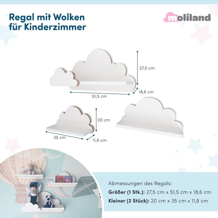 MOLILAND Wolkenregal Babyzimmer | Set mit 3 Stück | Wandregal für Kinderzimmer in Weiss | Regal Wolk
