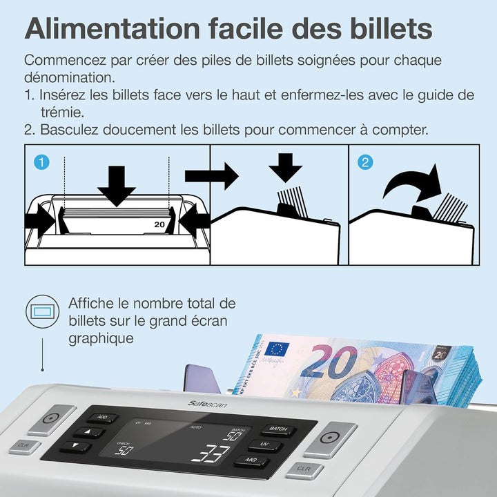 Safescan 2250 Geldzählmaschine, zählt sortierte Banknoten - Banknotenzähler mit 3-facher Echtheitspr
