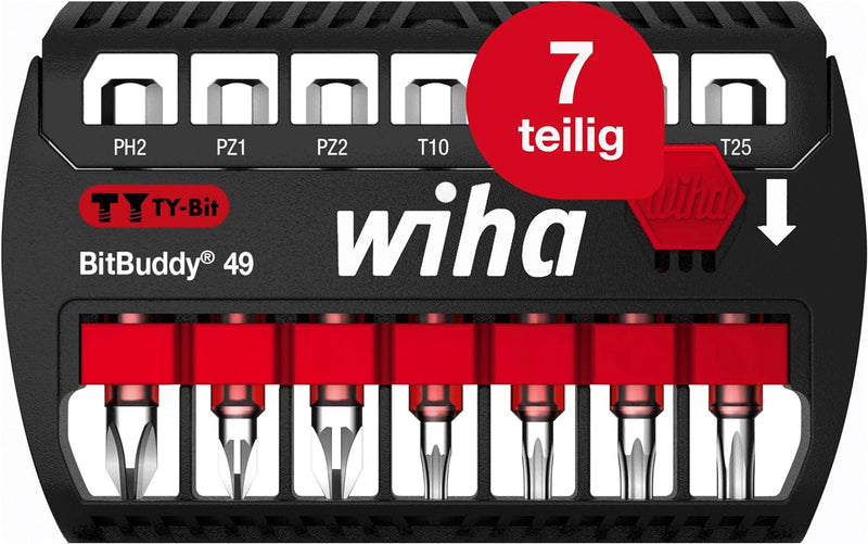 Wiha Bit Set BitBuddy 8-tlg. I TY-Bit 49 mm I PH, PZ, TORX 1/4" E6,3 I Zubehör für Schraubanwendunge