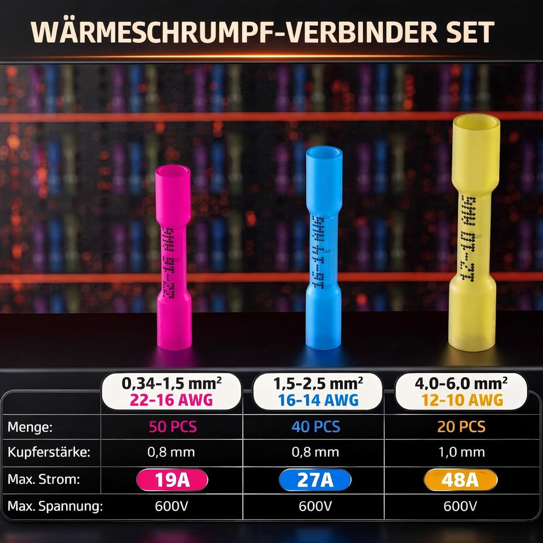 PEBA Crimpzange Set mit Stossverbindern, Schrumpfverbinder & Kabelverbinder Set, IP67 wasserdicht, v