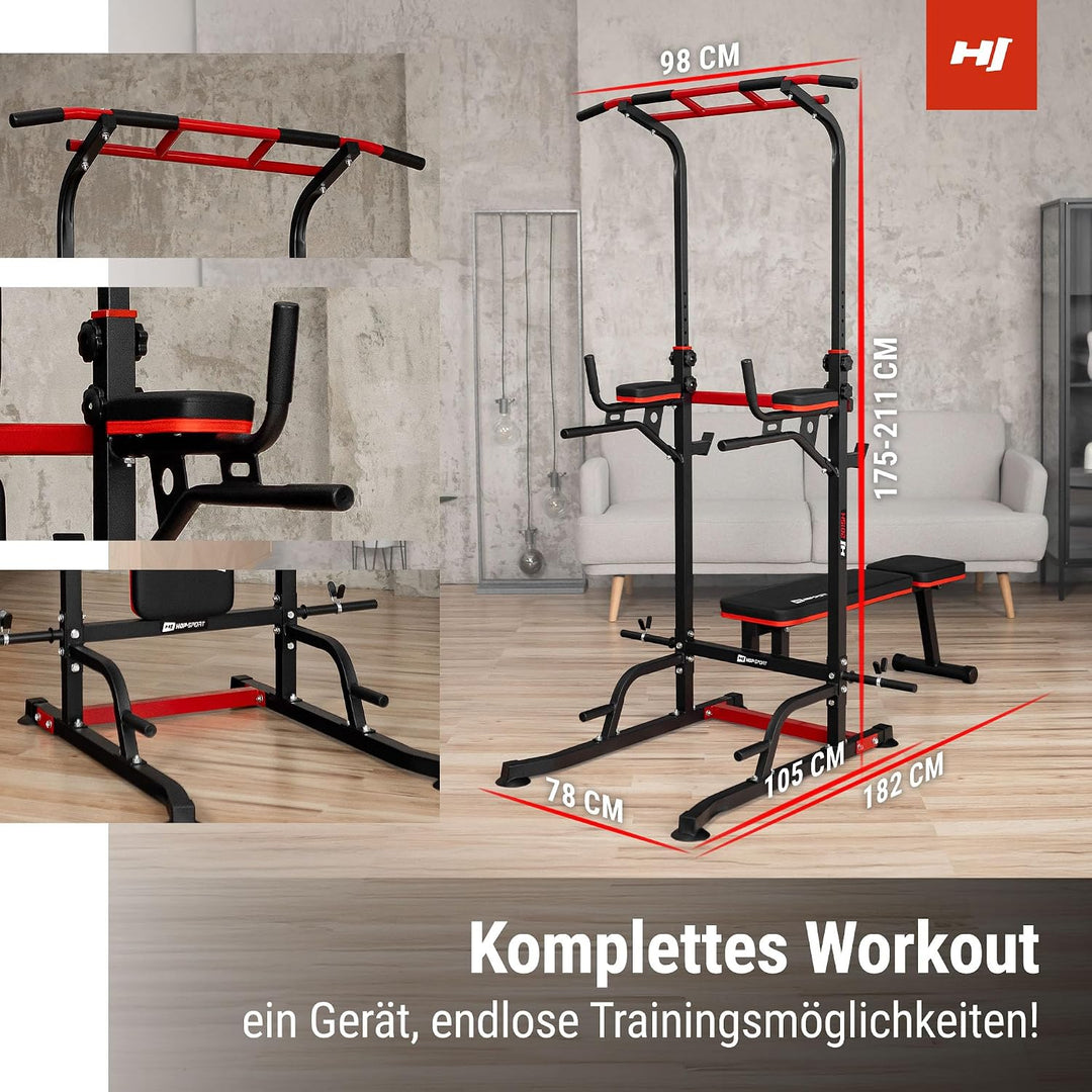 Hop-Sport Power Tower mit Klimmzugstange, Hantelbank &amp; Dip-Station, Fitnessgerät für Zuhause, Calist