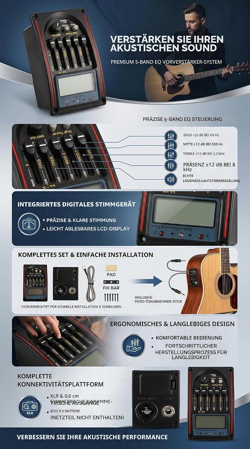 Bnineteenteam 5 Band Gitarren Tonabnehmer EQ Equalizer Piezo Tonabnehmer Akustischer Gitarren Vorver