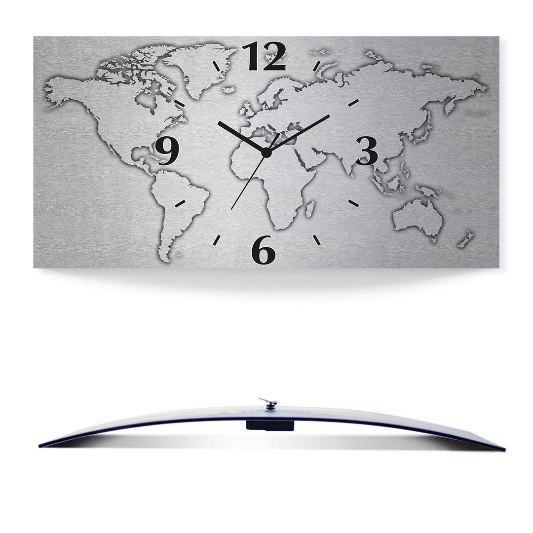 ARTLAND Wanduhr ohne Tickgeräusche Alu Funkuhr Silber metallic lautlos 60x30 cm Rechteckig Weltkarte