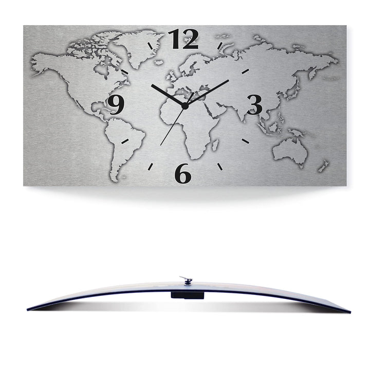 ARTLAND Wanduhr ohne Tickgeräusche Alu Funkuhr Silber metallic lautlos 60x30 cm Rechteckig Weltkarte