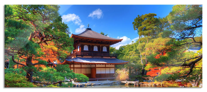 Glasbild Panorama | Wandbild aus Echtglas | Ginkaku-ji-Tempel in Kyoto | 120x50 cm | inkl. Aufhängun