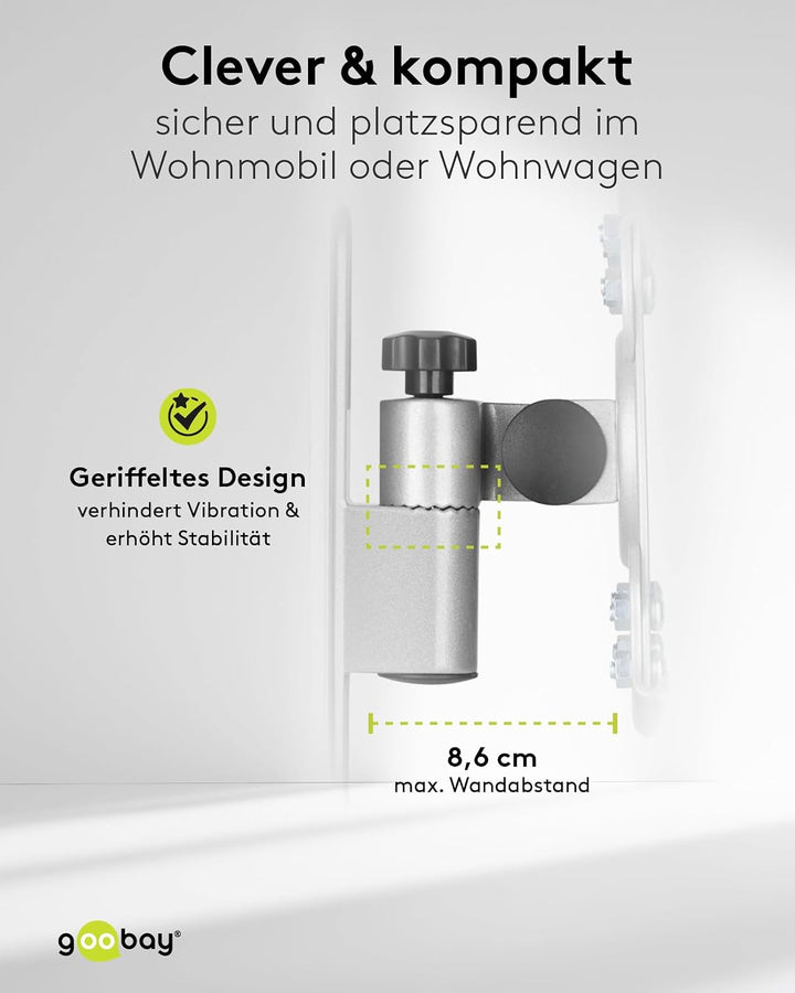 goobay TV-Wandhalterung Wohnmobil 13–43 Zoll, schwenkbar, verriegelbar, VESA 200x200, bis 15 kg, mit