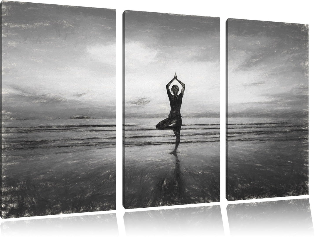 Pixxprint Yoga am Strand Kunst als Leinwandbild/Grösse: 3 Teilig (120x80) / Wandbild/Kunstdruck/fert