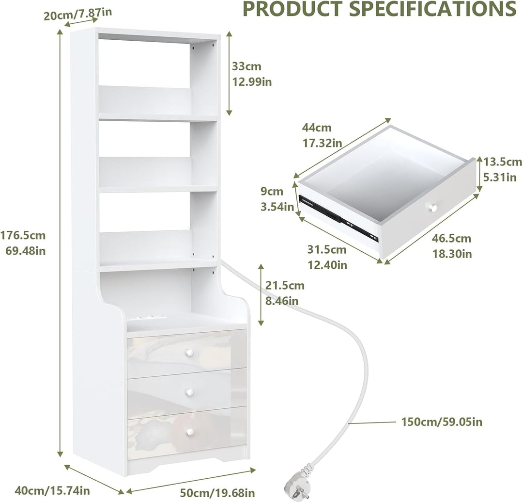 PIPIPOXER Nachttisch Weiss 2er Set Nachttisch mit Steckdose & USB, Nachttisch Weiss Hochglanz mit 3