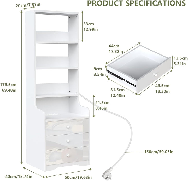 PIPIPOXER Nachttisch Weiss 2er Set Nachttisch mit Steckdose & USB, Nachttisch Weiss Hochglanz mit 3