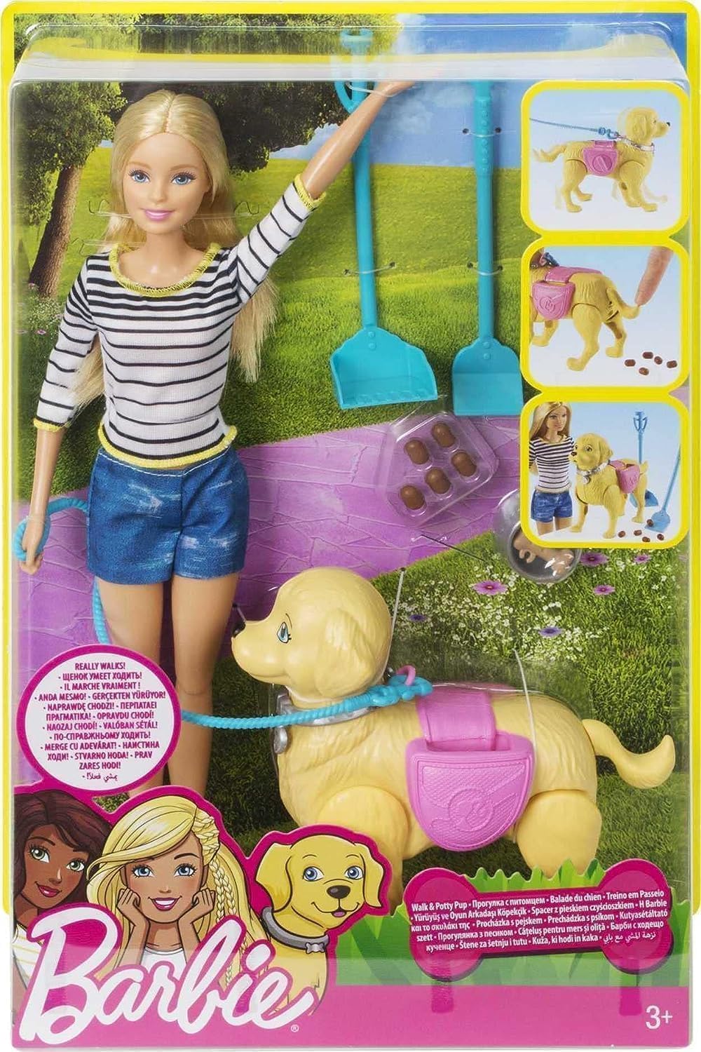 Barbie Walk and Potty Pup, Puppe mit blonden Haaren und laufendem Hund, Kotschaufel, Accessoires, in