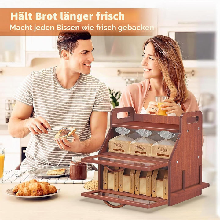 BAMBANG Extra Grosses Brotkasten, 2 Etagen Bambus Brotbox für Küchen, Holz Brotbehälter mit Werkzeug