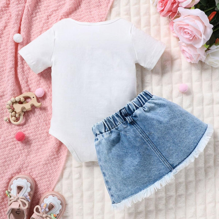 Neugeborenes Baby Mädchen kleidung Briefdruck Rüschen Strampler+ Jeans Zerrissener Denim-Rock Säugli