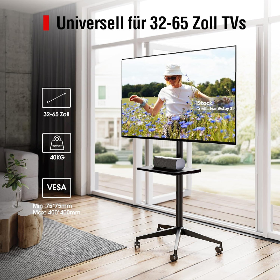 AOKCOS TV Bodenständer Rollbar mit Ablage, TV Ständer mit Rollen für 32-65 Zoll Fernseher bis 40 kg,