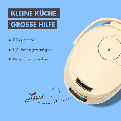 REISHUNGER Digitaler Reiskocher klein, hellgelb | 0,6 L bis 3 Personen | Warmhaltefunktion, Timer &