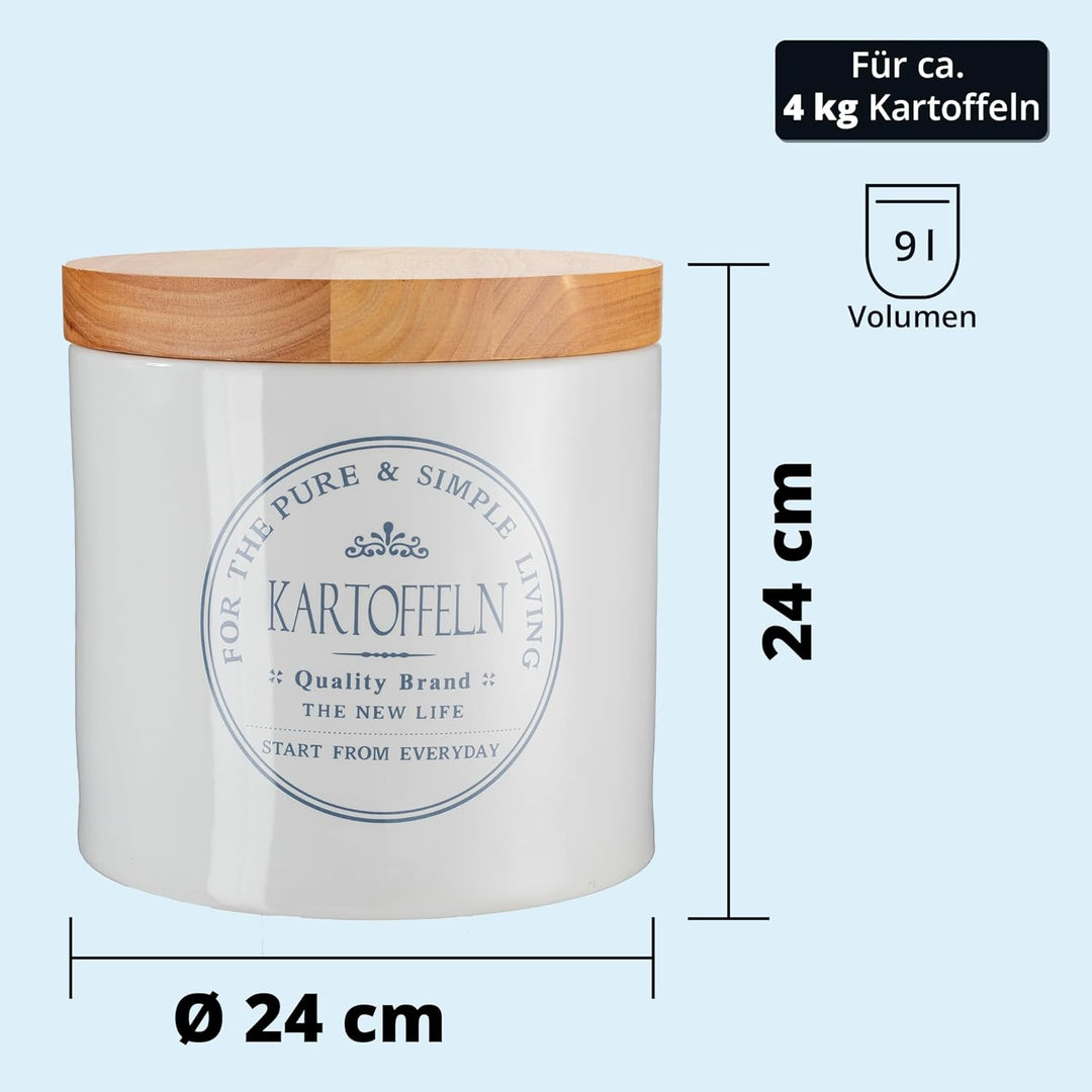 KHG Kartoffeltopf Keramik Steingut Weiss Holzdeckel Bambus, Kartoffel Aufbewahrung, ca. 4 kg oder 9