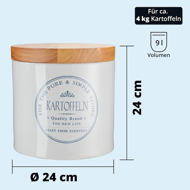 KHG Kartoffeltopf Keramik Steingut Weiss Holzdeckel Bambus, Kartoffel Aufbewahrung, ca. 4 kg oder 9