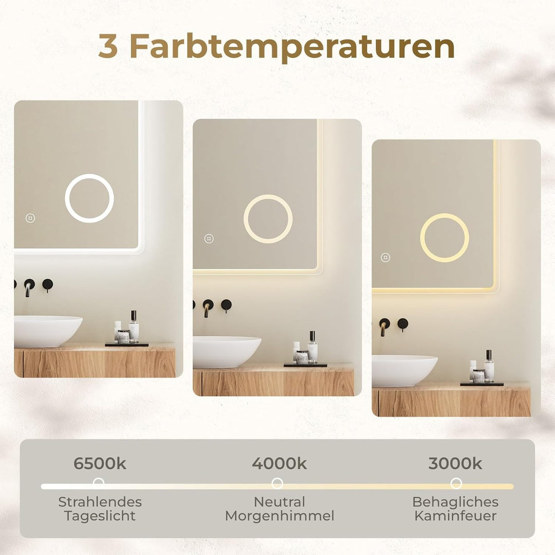 Heilmetz Badezimmerspiegel mit Beleuchtung 80x60 cm LED Badspiegel 3 Lichtfarbe Warmweiss/Neutral/Ka