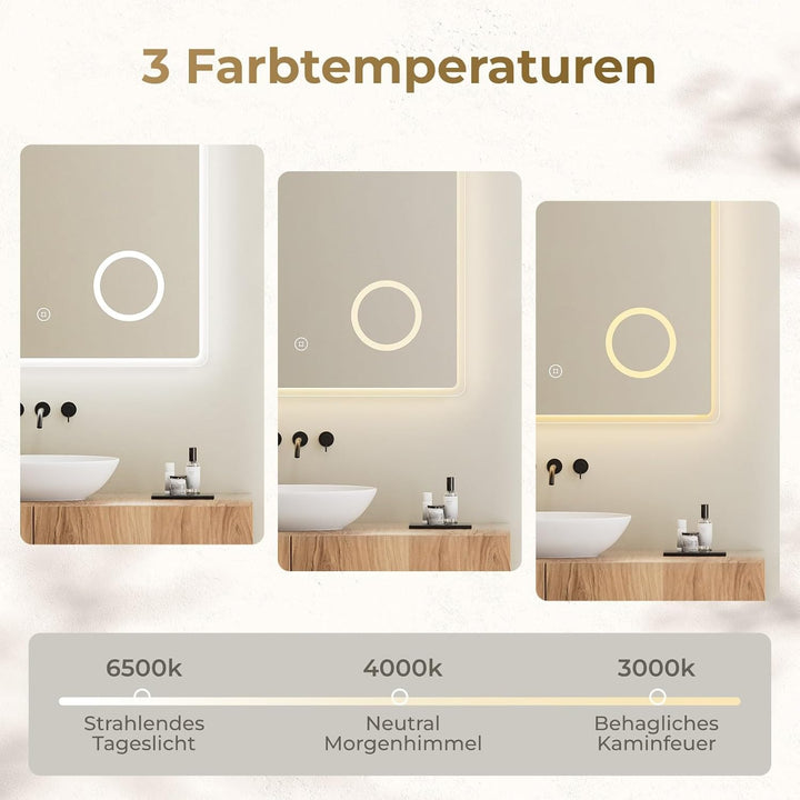 Heilmetz Badezimmerspiegel mit Beleuchtung 80x60 cm LED Badspiegel 3 Lichtfarbe Warmweiss/Neutral/Ka