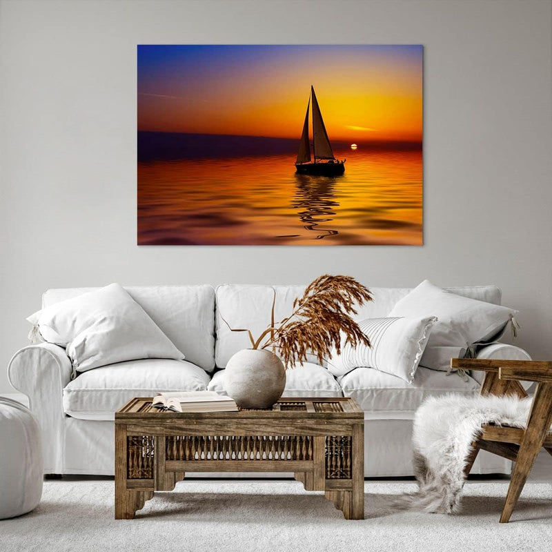 Bilder auf Leinwand 100x70cm Leinwandbild Boot Sonnenuntergang Landschaft Gross Wanddeko Bild Schlaf