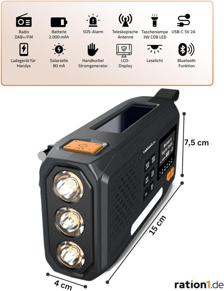 ration1 Kurbelradio DAB+, tragbares Solar Radio, Outdoor Radio, Notfallradio mit Handkurbel, Power B