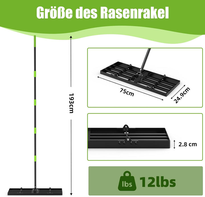 GARDTECH Rasenrakel 75x25 cm | Nivellierrechen aus Edelstahl mit Anti-Kipp-Design | 195 cm Verstellb