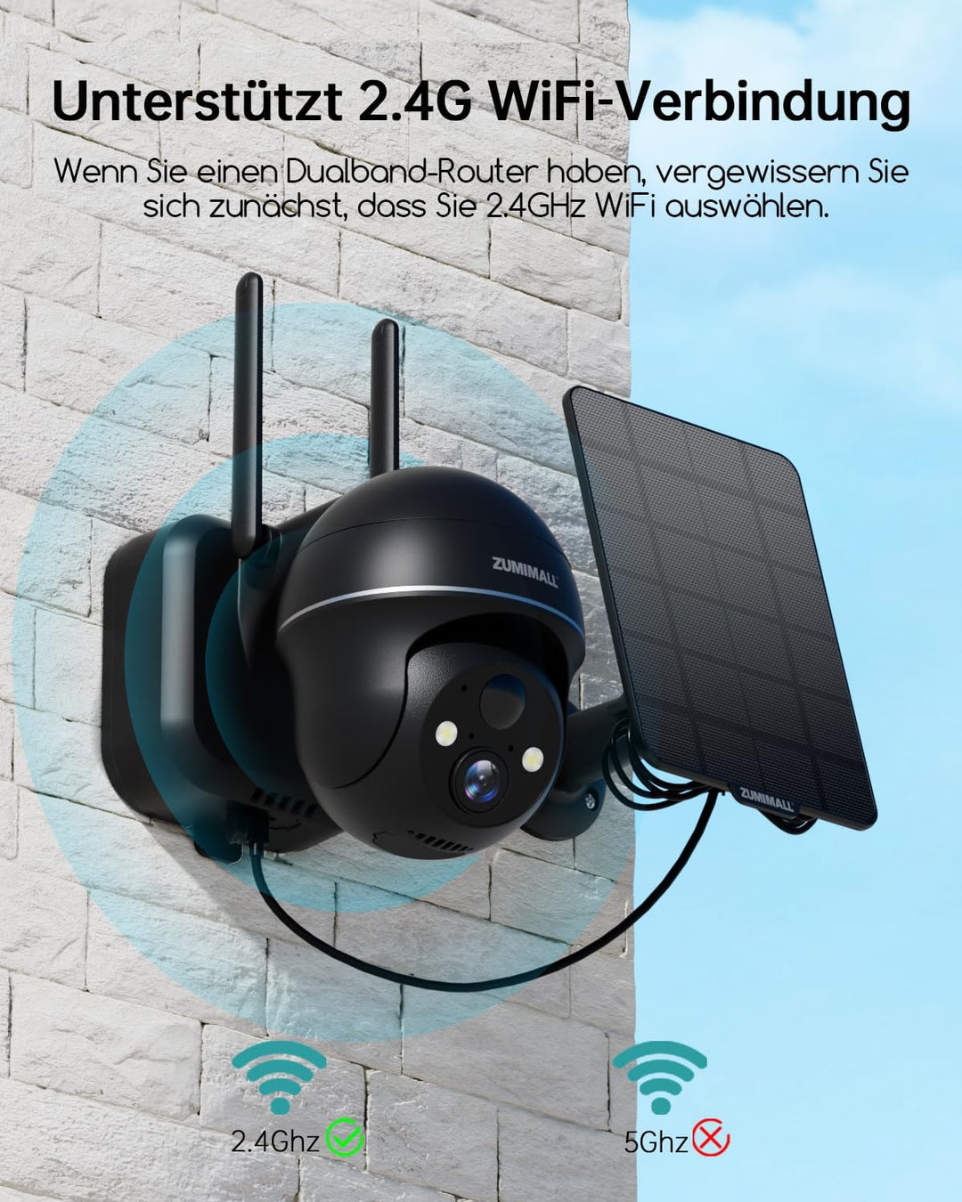 ZUMIMALL 2K Solar Überwachungskamera Aussen | 355°/120° PTZ Kamera Outdoor, PIR Bewegungsdetektion,