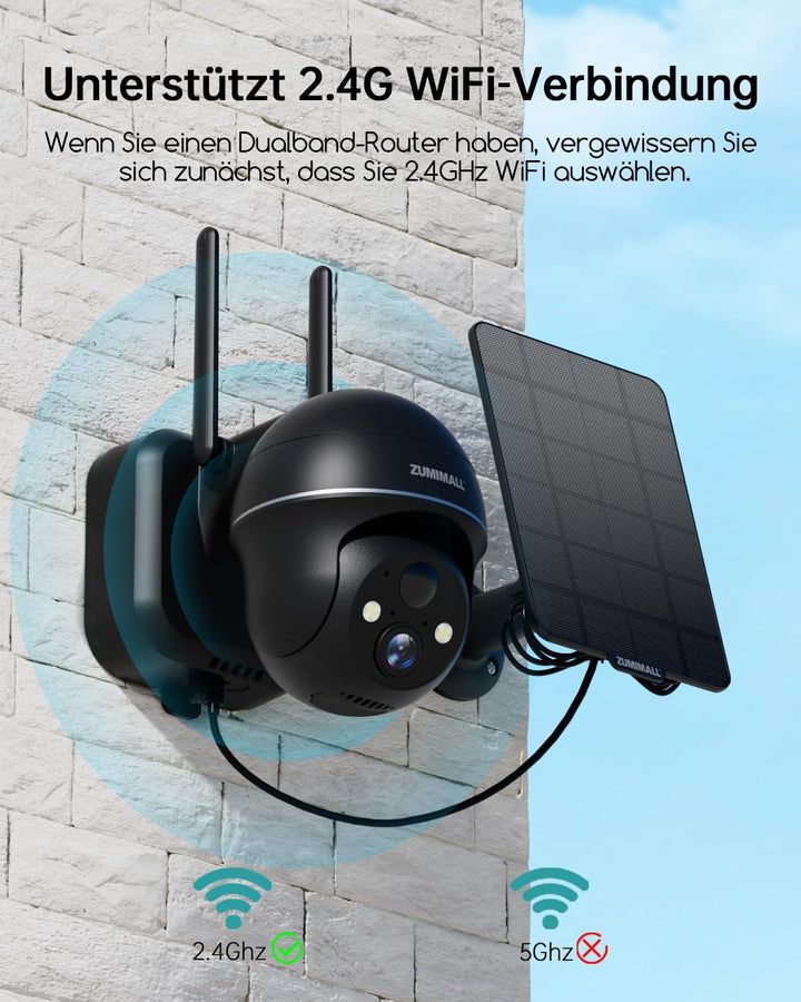 ZUMIMALL 2K Solar Überwachungskamera Aussen | 355°/120° PTZ Kamera Outdoor, PIR Bewegungsdetektion,