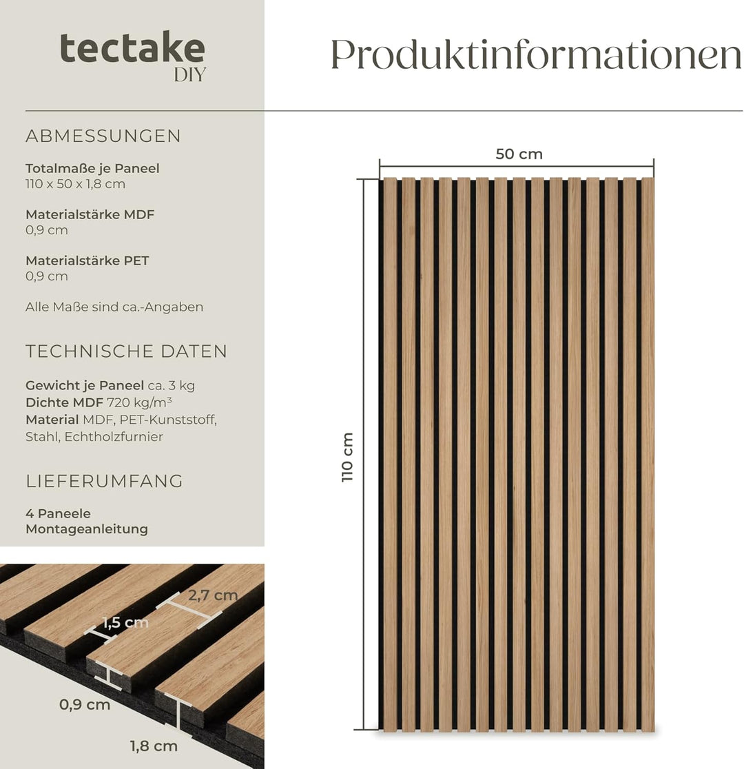 tectake® Akustikpaneele Echtholzfurnier, 4er Set, Schallschutz, MDF Schallabsorber für Wand, Schalld