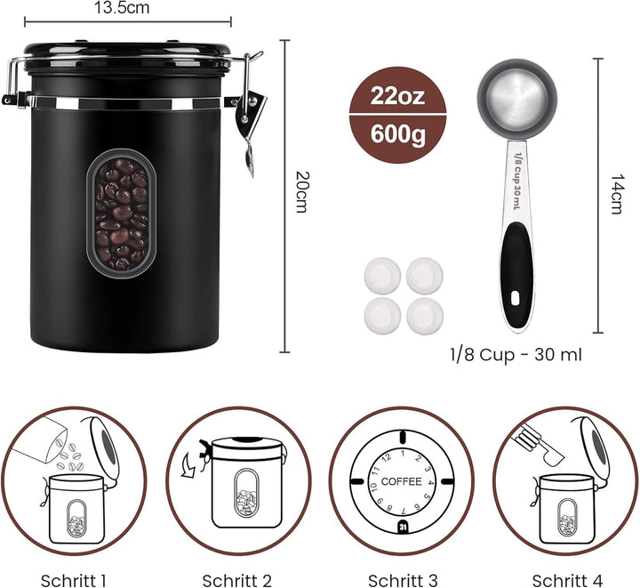 ROCKY&CHAO Kaffeedose Luftdicht aus Edelstahl 1,8L Kaffeebhnen Behälter Vorratsdose für Tee Nüsse Ka