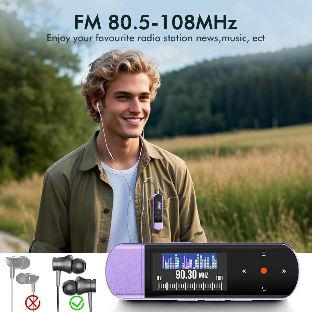 64GB Tragbarer USB MP3 Player mit Bluetooth 5.3, Clip für Sport & Laufen, FM Radio, Voice Recorder,
