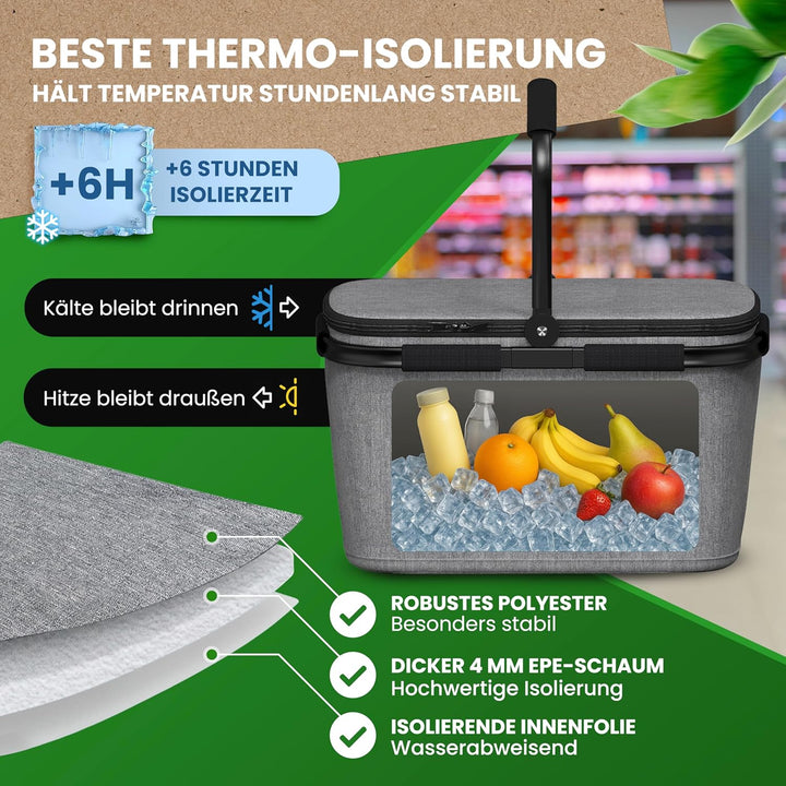 Thermo Einkaufskorb Kühltasche gross | isolierter Einkaufskorb mit Deckel, verstärktem Boden, Frontf