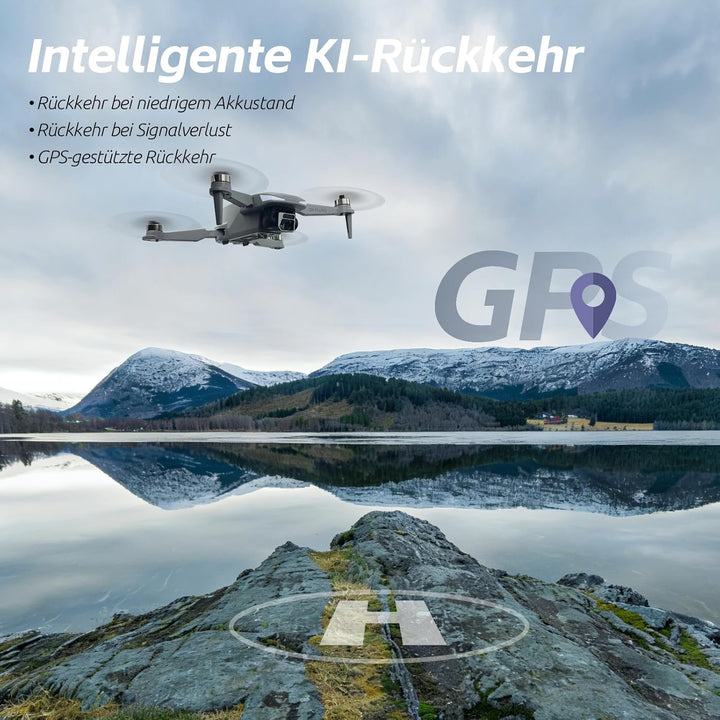 GPS Drohne mit Kamera 4K (EIS), 4,5 Zoll Bildschirm, bürstenloser Motor, 3 Akkus (90 min), Auto-Rück