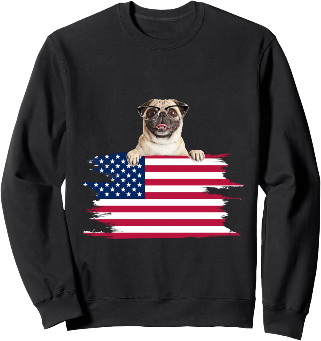 American Flag Dog Pug w Glasses Sweatshirt