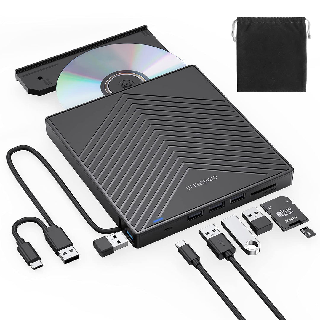 ORIGBELIE Externes DVD Laufwerk, ultraflacher CD-Brenner USB 3.0 mit 4 USB-Anschlüssen und 2 TF/SD-K