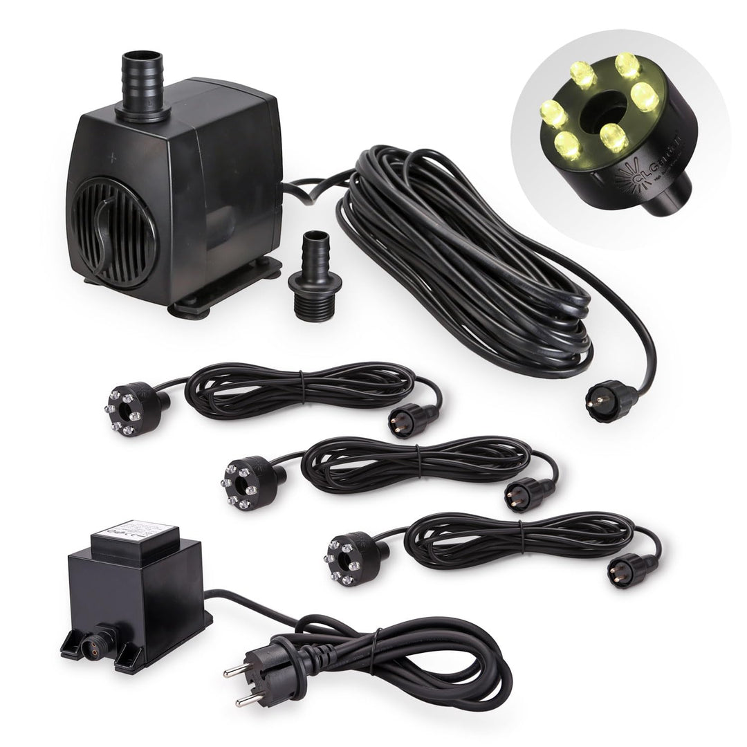 Springbrunnen Pumpe SP3 mit Licht 3x LED Ring Beleuchtung warm weiss 12V Springbrunnenpumpe für Gart