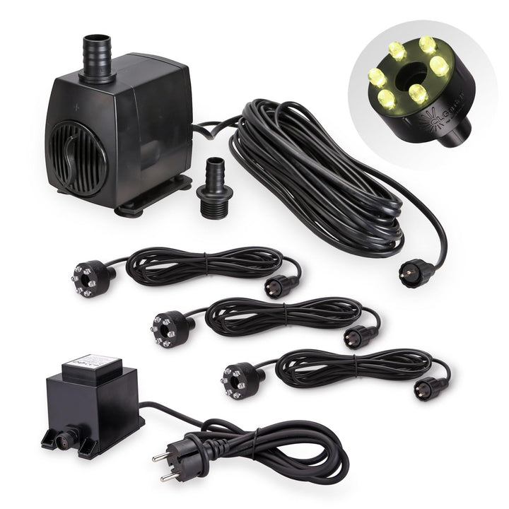 Springbrunnen Pumpe SP3 mit Licht 3x LED Ring Beleuchtung warm weiss 12V Springbrunnenpumpe für Gart