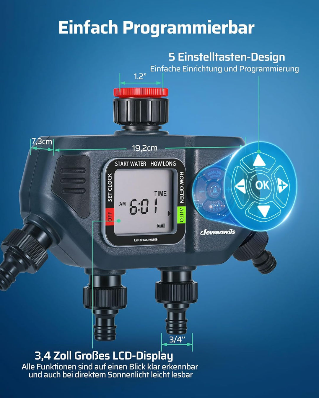 DEWENWILS Bewässerungscomputer 4 Ausgänge, 4 Bewässerungsprogramme für Jede Zone, Garten Bewässerung