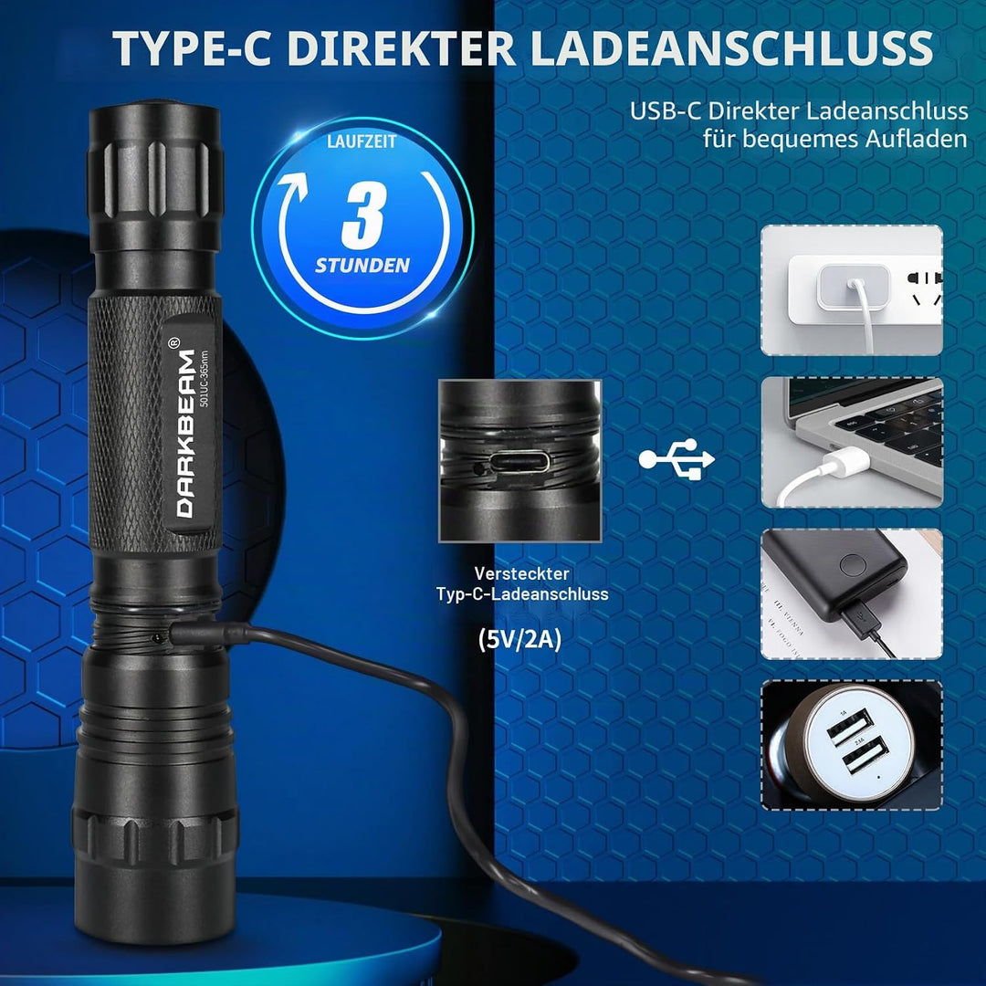 DARKBEAM UV-Taschenlampe 365nm Licht Schwarzlicht, Mini Leistungsstarke Holzlampe USB-C Wiederauflad
