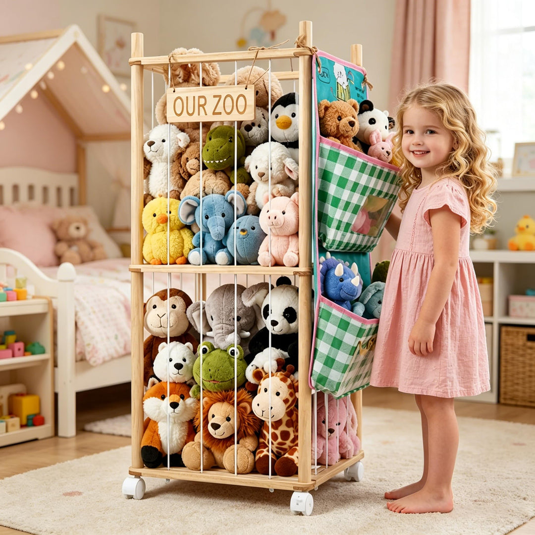 Kuscheltier Aufbewahrung aus Holz, 95cm Stofftier Aufbewahrung mit Rollen &amp; 2 Hängetaschen, Plüschti