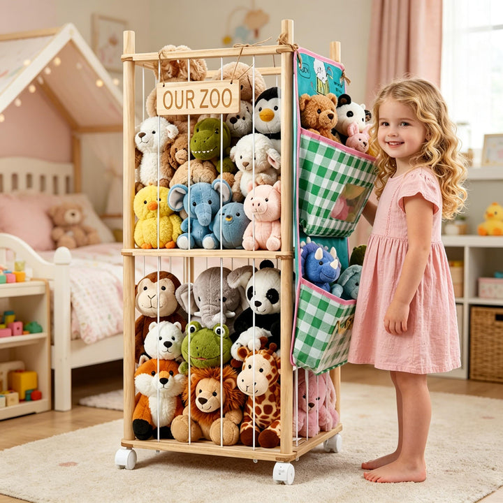 Kuscheltier Aufbewahrung aus Holz, 95cm Stofftier Aufbewahrung mit Rollen &amp; 2 Hängetaschen, Plüschti