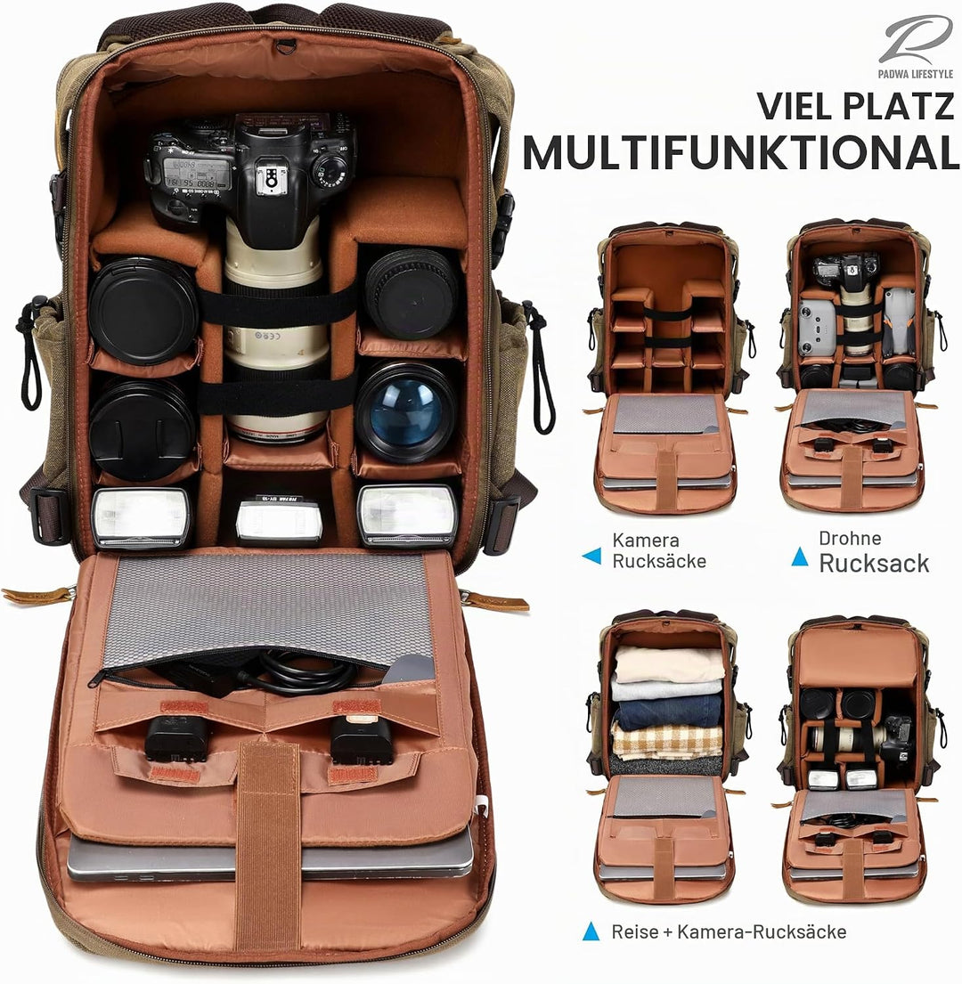 Padwa Lifestyle Kamerarucksack - Gewachstem Memory Canvas mit 16“ Laptop-/Objektivfach und Stativfac